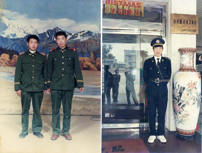 Left: A photo of Zhan Youbing (right) with his comrade in the Sichuan army; right: Security guard Zhan Youbing poses for a portrait in 1995. Zhan Youbing for Sixth Tone