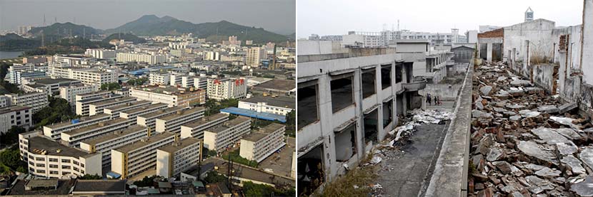 Left: An overview of an industrial zone that has since been redeveloped into a commercial area in Dongguan, Guangdong province, Sept. 28, 2008; right: An abandoned factory in Dongguan, Guangdong province, Feb. 21, 2012. Zhan Youbing for Sixth Tone