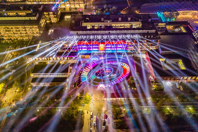 An exterior view of Alibaba’s headquarters illuminated for Singles’ Day in Hangzhou, Zhejiang province, Nov. 11, 2019. VCG