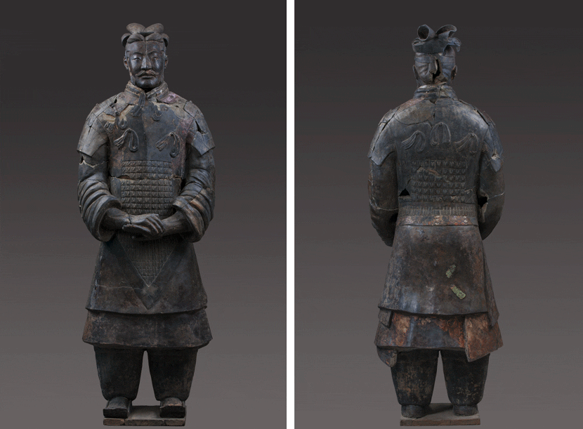 The front and back of a general figurine, which was restored by Lan Desheng in Xi’an, Shaanxi province, 2014. Courtesy of Lan Desheng