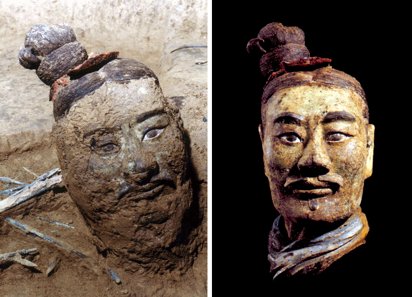 Pictures of the “green-faced” terra-cotta warrior when it was unearthed (left) and after it was restored (right). Courtesy of Rong Bo