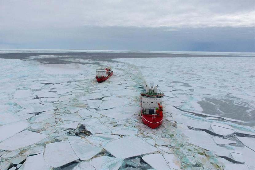China’s polar icebreakers Xuelong 2 and Xuelong sail toward the Zhongshan Station in Antarctica, Nov. 20, 2019. Liu Shiping/Xinhua