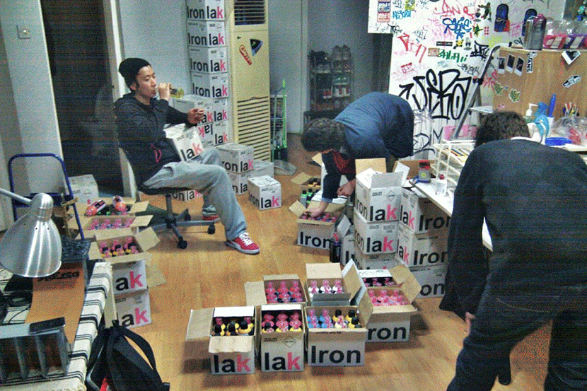 A GIF shows Jin Ye (left) and his crew in their studio as well as their graffiti work on Moganshan Road. Courtesy of Jin Ye