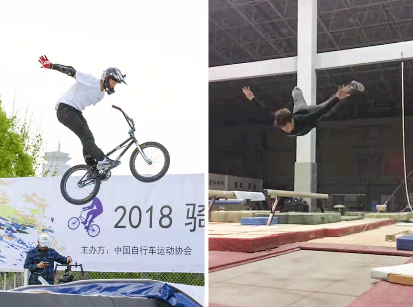 Left: Bao Jiafu does a no hander during a competition in Shanghai, April 2018; Right: Bao practices a no hander in Shanxi province, 2017. Courtesy of Bao Jiafu