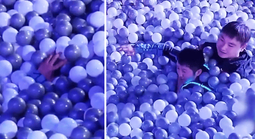 Screenshots show Zou Shiming, a guest on “Chase Me,” trapped in a ball pit. From Tencent Video