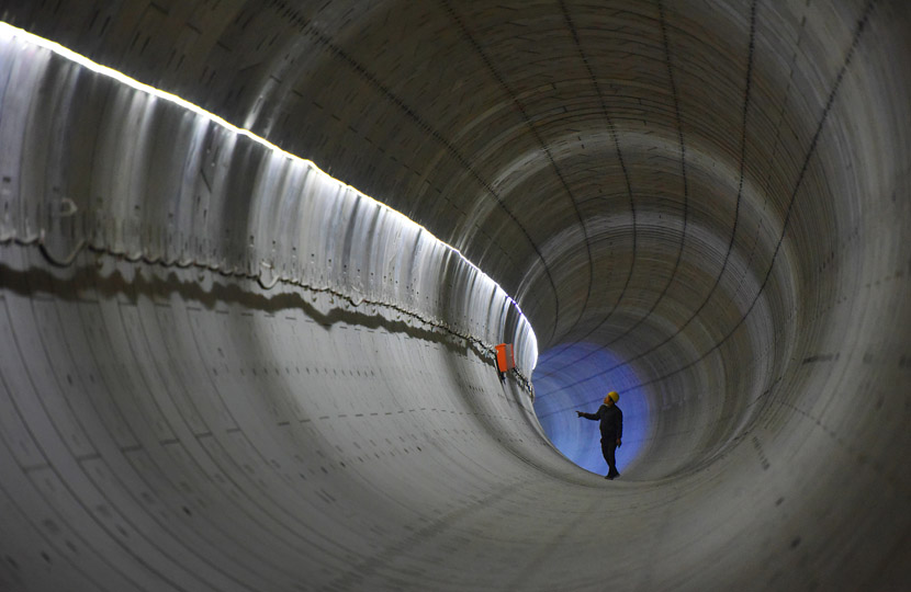 A worker walks through the tunnel of an under-construction subway line in Taiyuan, Shanxi province, Nov. 27, 2019. Deng Yinming/VCG