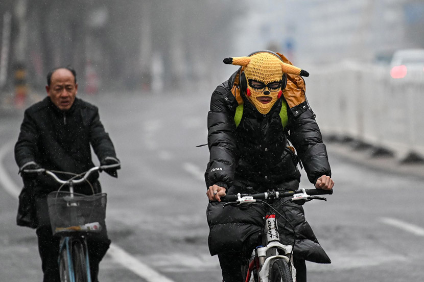 A cyclist wears a Pikachu face mask to keep warm on a snowy day in Taiyuan, Shanxi province, Nov. 29, 2019. Wei Liang/CNS/VCG
