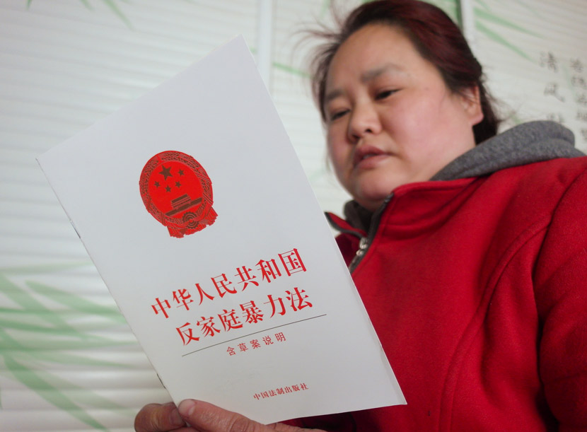 A woman reads a copy of the anti-domestic violence law. Tuchong