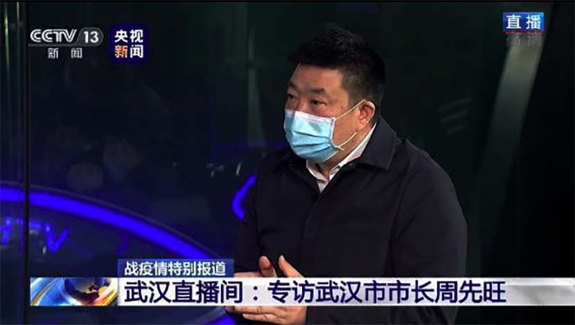 A screenshot of Zhou Xianwang, the mayor of Wuhan, during an interview with China Central Television.
