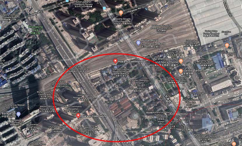 A map shows Hua’anli located near Wuhan’s Hankou Railway Station.