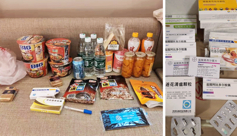 Left: Instant noodles, canned fruit, drinks, and snacks that Zhang Chi brought with him to the hotel where he planned to quarantine himself; right: Medicines Zhang was able to procure with help from his friends in Wuhan, Hubei province, January 2020. Courtesy of Zhang Chi