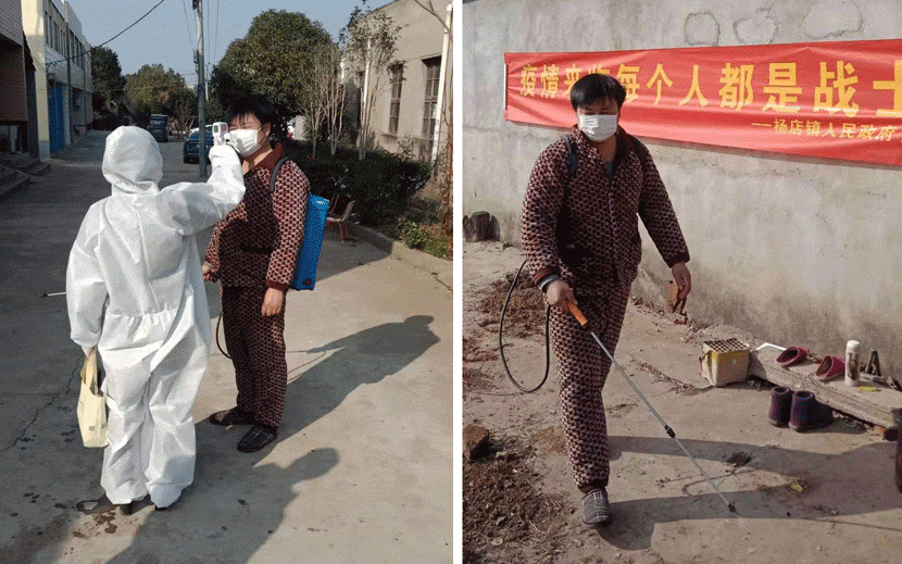 Residents of Yangliu Village organized a disinfection team after hearing that someone was diagnosed with the novel coronavirus in a nearby town, Hubei province, Jan. 30, 2020. Courtesy of Liu Haizhou