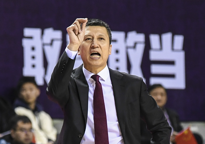Guo Zhiqiang, the coach of the men’s basketball team in Liaoning province, reacts during a Chinese Basketball Association match in Nanjing, Jiangsu province, Jan. 16, 2020. Li Bo/Xinhua