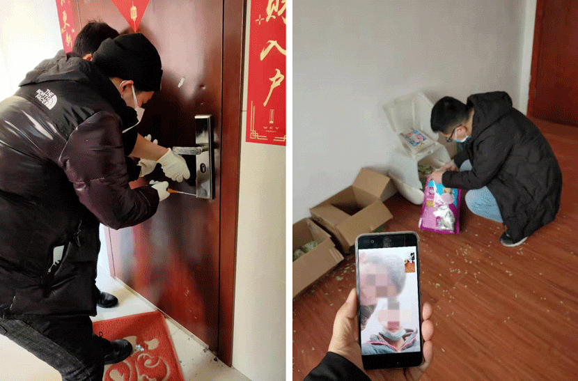 Left: A locksmith opens the door of an absent pet owner’s apartment; Right: A volunteer feeds pets left alone as a result of the lockdown in Wuhan, Hubei province, 2020. Courtesy of Du Fan
