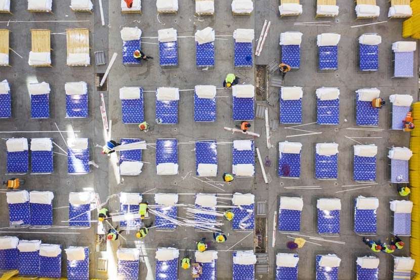 An aerial view of the temporary “shelter hospital” at the Wuhan Livingroom cultural complex in Wuhan, Hubei province, Feb. 4, 2020. Xinhua