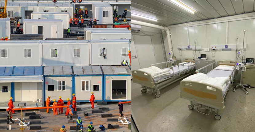 Left: The construction site of Huoshenshan Hospital on Jan. 30, 2020; right: An interior view of a patients’ ward from the completed hospital on Feb. 2, 2020. Zhang Chang and Wang Teng/CNS