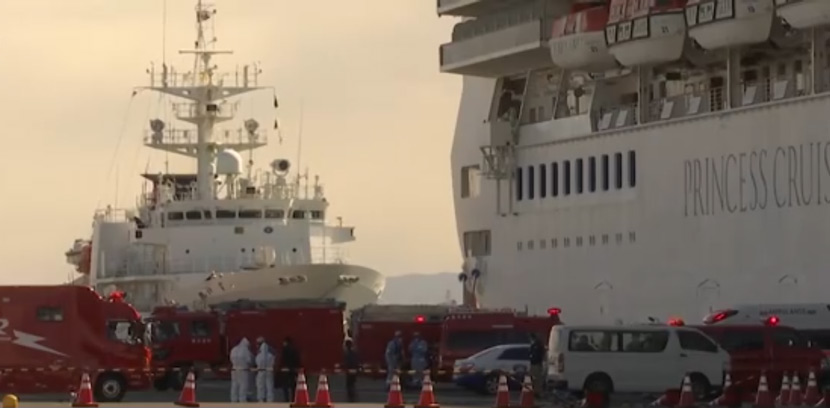 A screenshot shows the quarantined cruise liner Diamond Princess docked in Yokohama, Japan. The Paper