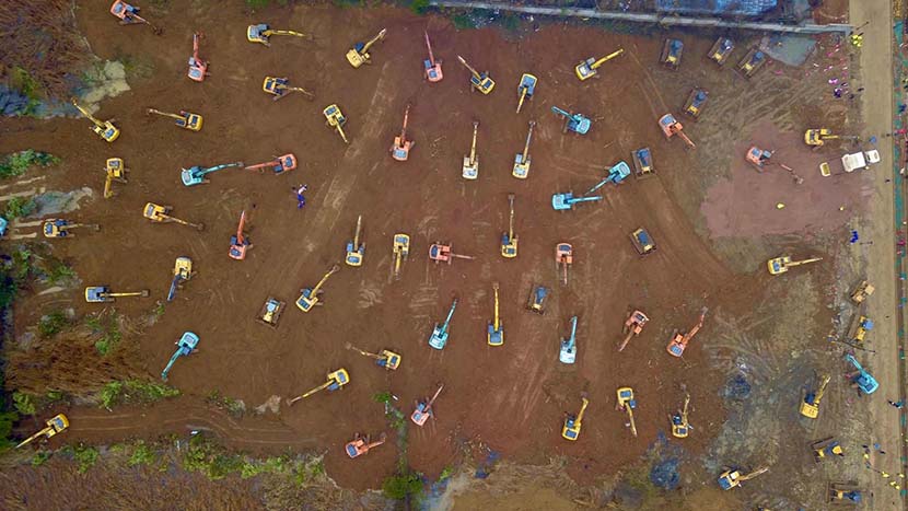 The construction site of a special hospital for treating novel coronavirus patients in Wuhan, Hubei province, Jan. 24, 2020. The project is slated for completion in just six days. Xinhua