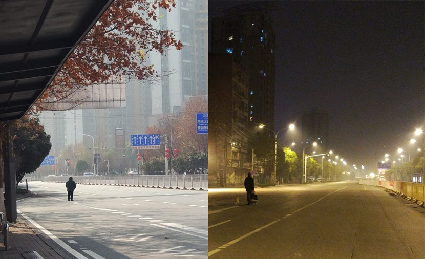 A day and night view of Wuhan after the lockdown, Hubei province, February 2020. From the author’s Weibo account @计六一六