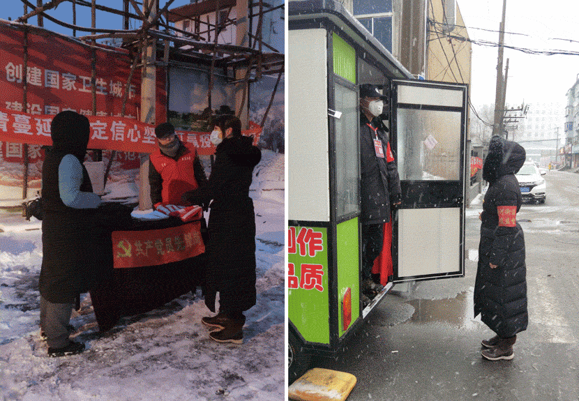 Liu Xuqing (right) works during snowy days in Shenyang, Liaoning province, February 2020. Courtesy of Liu Xuqing