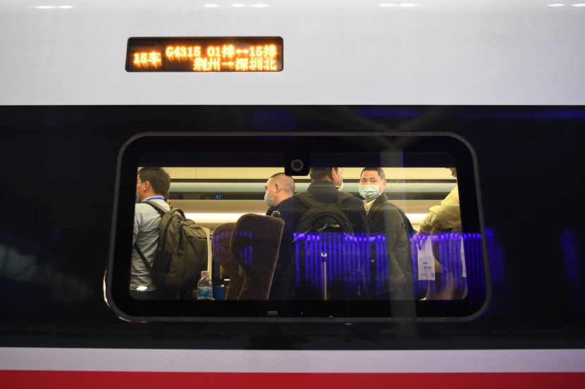 A special train transporting workers returning to work from the city of Jingzhou in Hubei province arrives in Shenzhen, Guangdong province, March 19, 2020. Liang Xu/Xinhua
