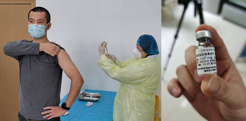 Volunteer subject Zhu Aobing prepares to be injected with an experimental coronavirus vaccine in Wuhan, Hubei province, March 19, 2020. The Paper