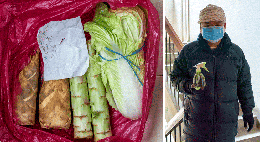How Zhang’s father (right) equips himself when going out during the pandemic to retrieve necessities like vegetables (left) in Wuhan, Hubei province, 2020. Zhang Xizhi for Sixth Tone