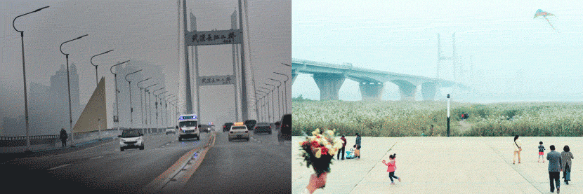 A GIF shows a citywide view of Wuhan on Jan. 24 in 2020 and 2016. Zhang Xizhi for Sixth Tone