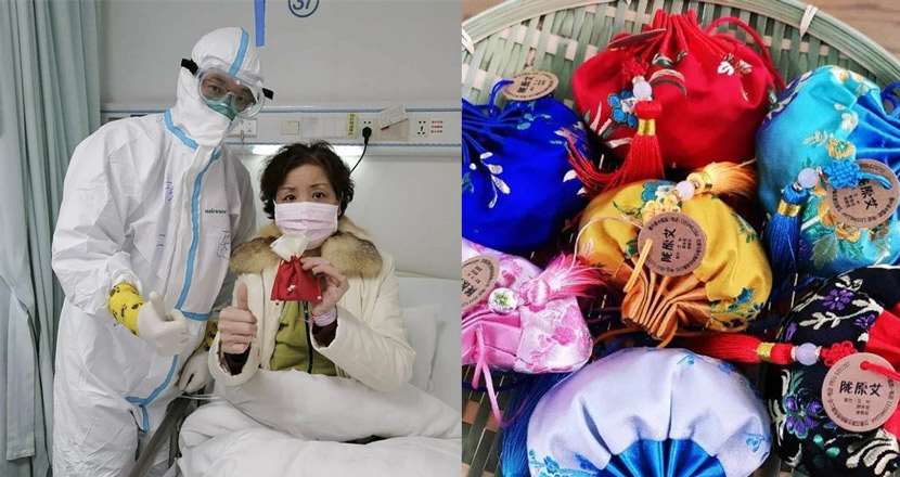 Left: TCM doctor Yan Fang (left) poses for a photo with his patient at Wuhan’s Hankou Hospital before she is discharged from the hospital, Hubei province, 2020. Courtesy of Yan Fang; right: TCM sachets that claim to stave off COVID-19 at a TCM hospital in Lanzhou, Gansu province, March 6, 2020. Yu Xuanxuan/CNS