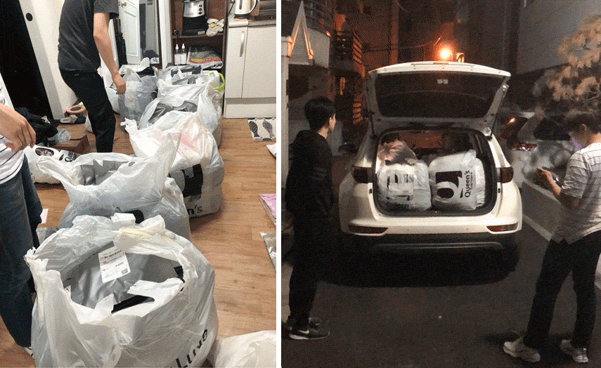 Undated photos show Zhu Nini’s friends undergoing a process of quality checks and repacking, later sending them to each client after her livestreams would end at midnight, in South Korea. Courtesy of Zhu Nini