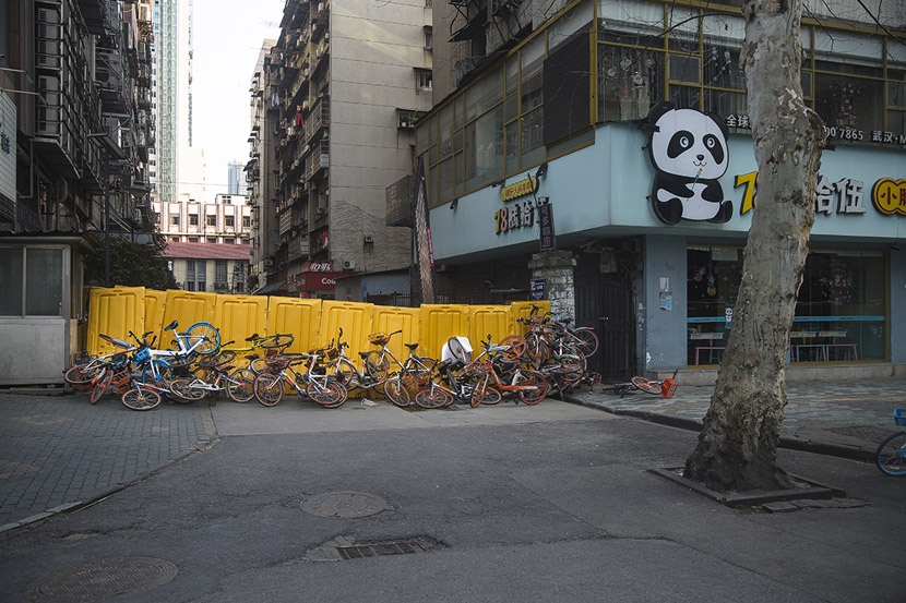 Bikes were sometimes used to reinforce the walls in Wuhan, Hubei province, Feb. 23, 2020. Gerry Yin/Wild Photos