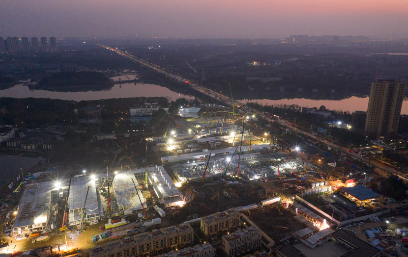An aerial view of the Huoshenshan Hospital construction site in Wuhan, Hubei province, Jan. 30, 2020. Cai Yang/Xinhua