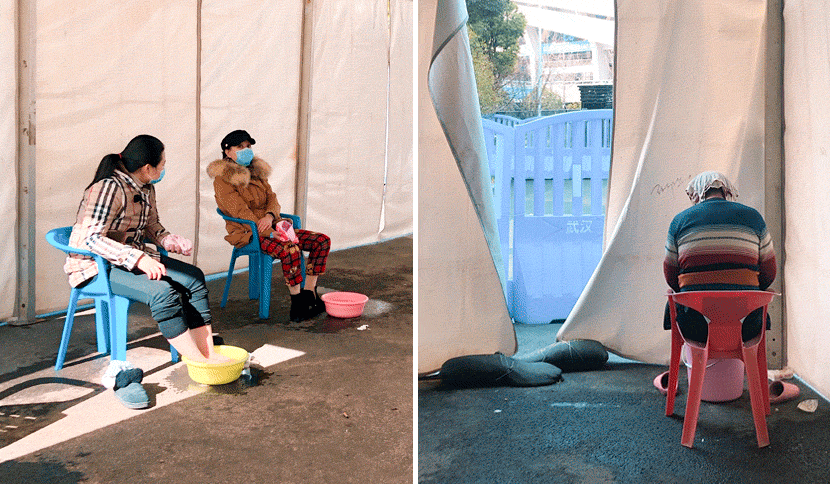 Patients wash their feet outside the stadium shelter hospital in Wuhan, Hubei province, February 2020. Yi Bei for Sixth Tone