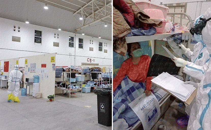 Left: An interior view of Keting Fangcang; right: Doctors check a patient’s CT scan at Keting Fangcang in Wuhan, Hubei province, February 2020. Courtesy of Wang Wei