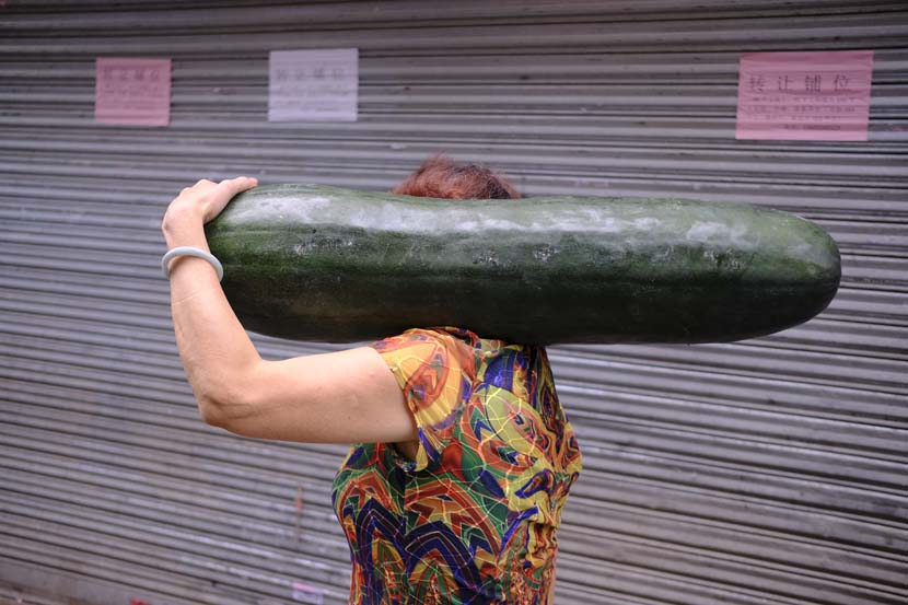A woman carries a wax gourd on her way home in Datang Village, Guangzhou, Guangdong province, May 1, 2020. Wu Huiyuan/Sixth Tone