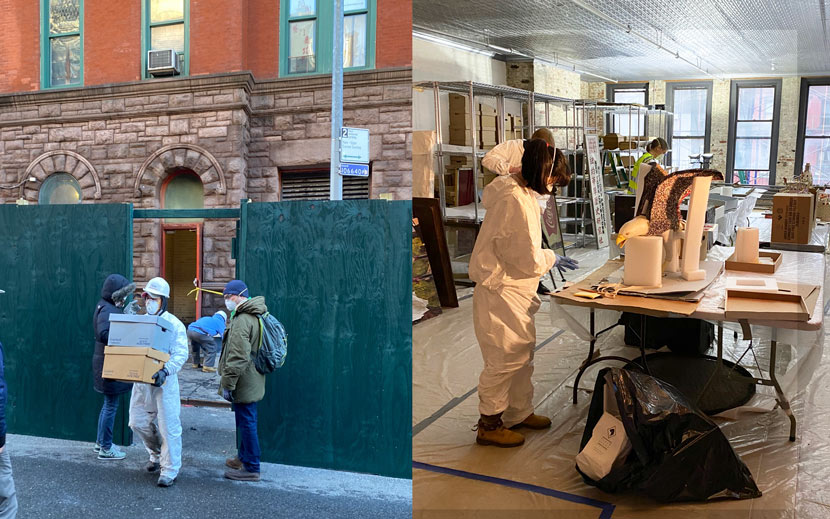 Left: Workers transfer items out of MOCA, Jan. 29, 2020. ; Right: Workers recover artifacts after the MOCA fire, February 2020. From @mocanyc on Twitter