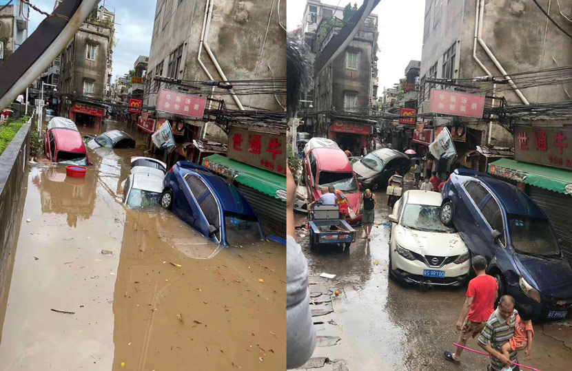 Residents inspect the damage after a heavy rain in Dongguan, Guangdong province, May 22, 2020. From @李易峰的甜筒and @梁毅艺壹聪on Weibo