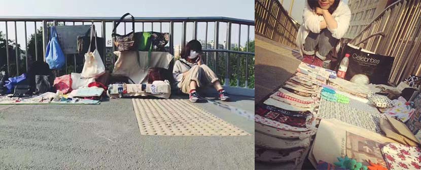 Photos show Li setting out her wares on a pedestrian bridge in Chaoyang District, Beijing, October 2015. Courtesy of Li
