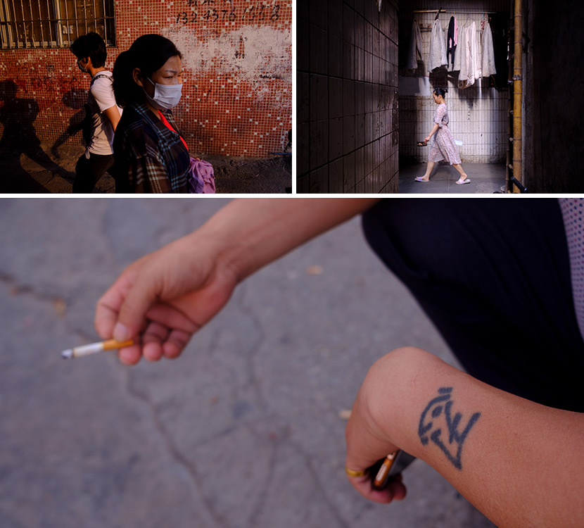 Top left: Residents finish their work and head home in Datang Village, April 27; Top right: A resident walks home in Datang Village, May 1; Bottom: A man with a tattoo of the word “endurance” takes a cigarette break, April 27. In Guangzhou, Guangdong province. Wu Huiyaun/Sixth Tone