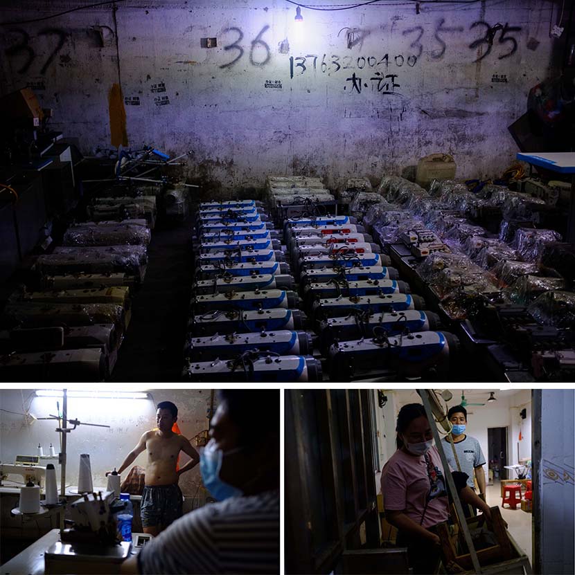 As many garment factories and workshops end businesses and sell their equipment, sewing machines are filling the stalls (above). Liu Shihua (right) pays a final visit to his friend, who is reluctant to leave the garment industry (bottom left). Liu Shihua sends a lighting device for sewing machines to his friend who is continuing her business (bottom right). In Guangzhou, Guangdong province, April 27, 2020. Wu Huiyuan/Sixth Tone