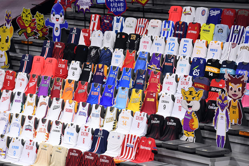 Basketball jerseys of CBA teams on display during the first match since the games were suspended after the coronavirus outbreak in Dongguan, Guangdong province, June 19, 2020. Liang Xu/Xinhua