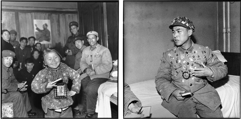 Five-year-old Kang Wenjie (left) and devoted soldier Wang Guoxiang (right) were both lauded “active members learning from Mao’s works,” in Harbin, Heilongjiang province, 1968. According to Li, these two photos represent “the adultification of children and infantilization of adults” during that period. Li Zhensheng/The Chinese University of Hong Kong Press