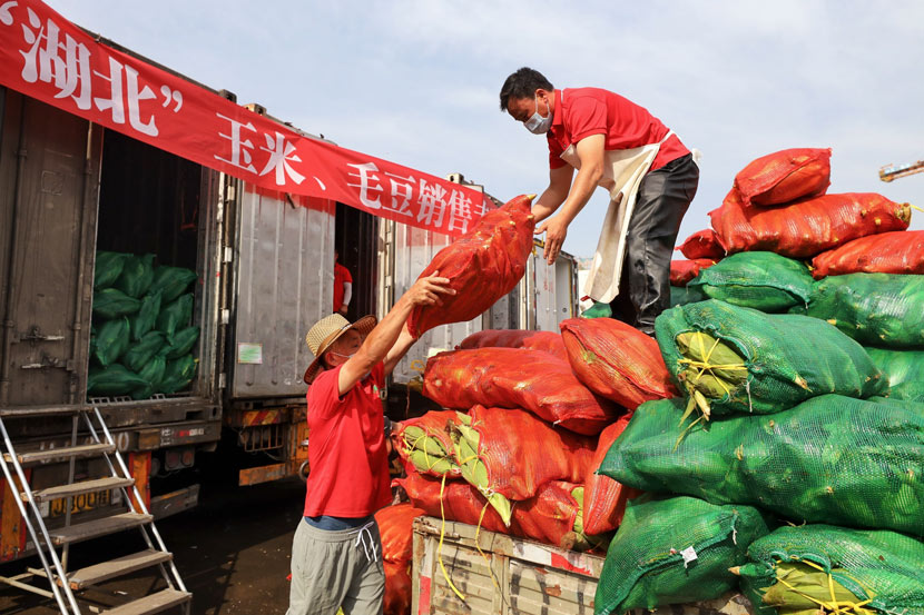Workers transfer produce shipped from Hubei province at Xinfadi Agricultural Produce Wholesale Market in Beijing, June 8, 2020. IC