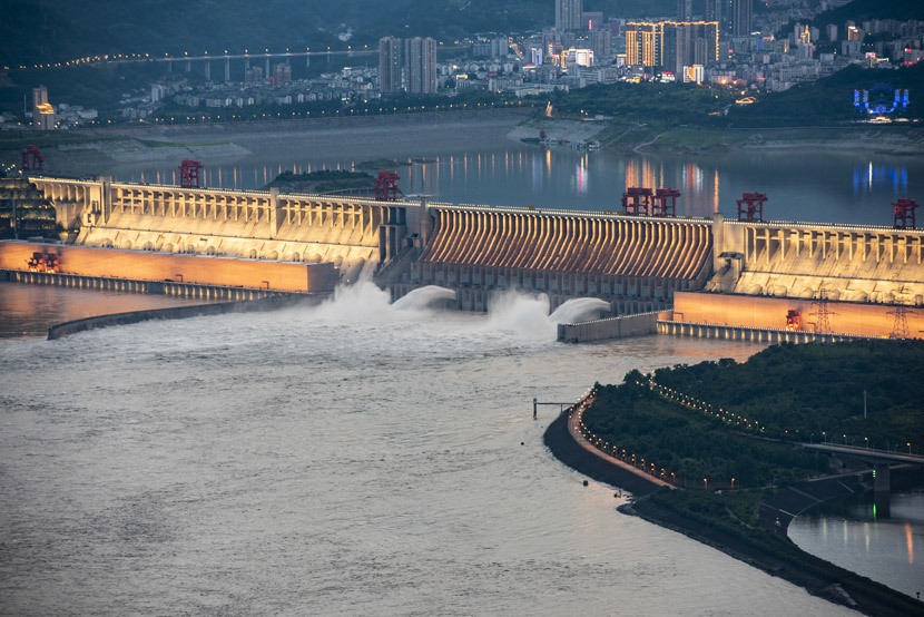The Three Gorges Dam discharges floodwaters for the first time this year in Yichang, Hubei province, June 29, 2020. Zheng Jiayu via Xinhua