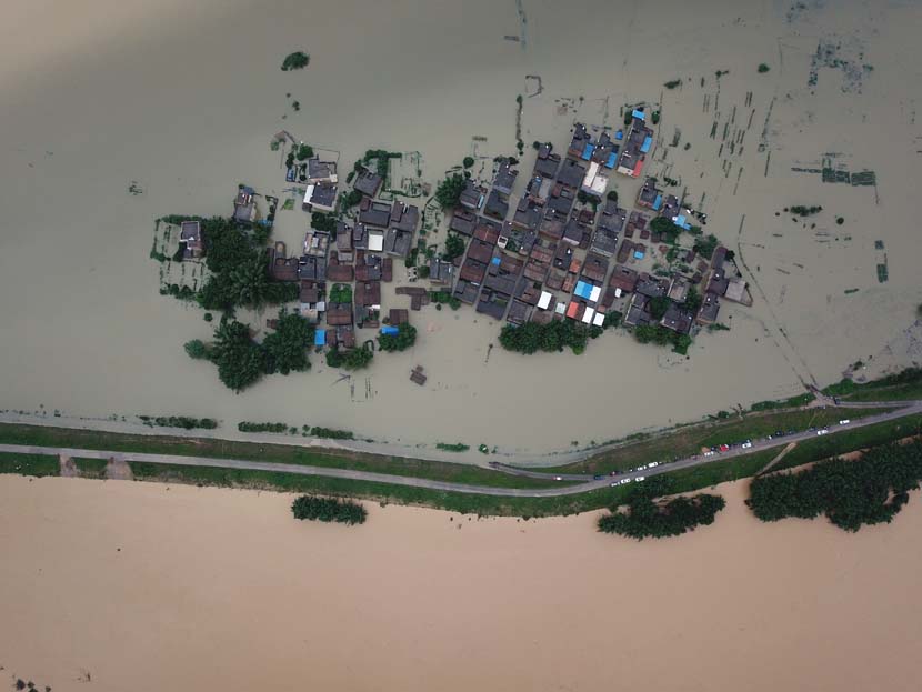 An aerial view of the flooded Longshan Town, Qingyuan, Guangdong province, June 9, 2020. People Visual