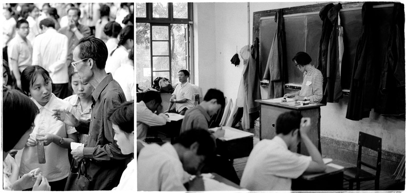 Left: proctors outside the exam hall; right: proctors inside during the test, Beijing, 1980. Ren Shulin for Sixth Tone