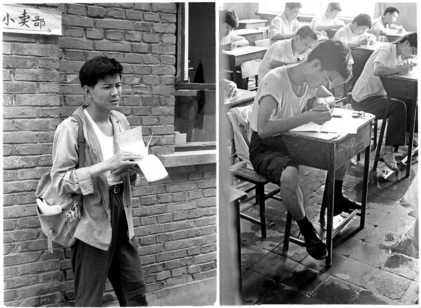 Left: A student reviews his notes; right: students in the exam hall, Beijing, 1979. Ren Shulin for Sixth Tone