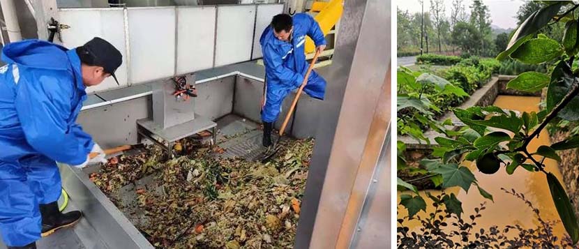 Left: Workers clear food scraps at the waste processing center in Hangzhou, Zhejiang province; right: A view of a polluted stream in Hubu Village, Hangzhou, Zhejiang province, July 2020. From @红星新闻 on Weibo