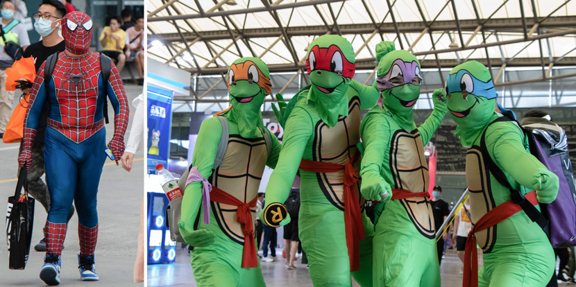 People dressed as Spider-Man and Ninja Turtles attend the ChinaJoy digital entertainment expo in Shanghai, July 31, 2020. Kenrick Davis/Sixth Tone