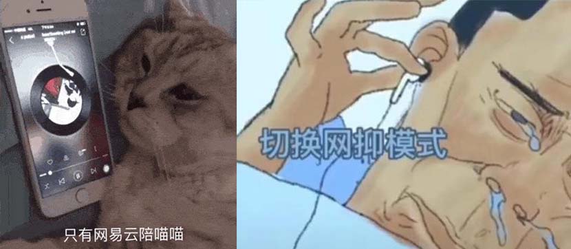 Memes showing a sad cat and a sad human listening to NetEase Cloud Music. From Weibo